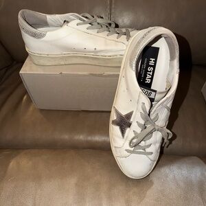 Golden Goose Hi Star White Sneakers with Silver Star
